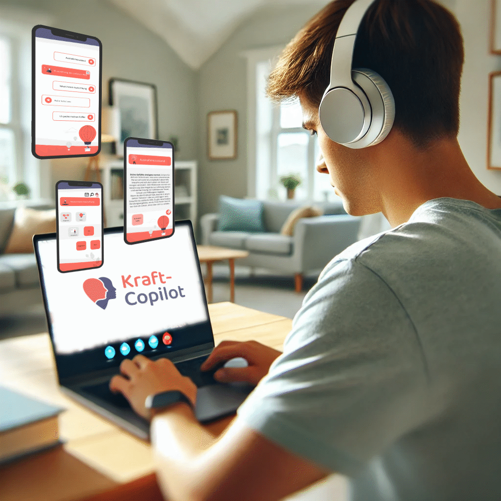 Junger Mann sitzt in einem hellem Wohnzimmer mit Kopfhörern an seinem Rechner. Der Blick ist über die Schulter auf seinen Bildschirm. Auf dem Bildschrim ist er in der Plattform Kraft-Copilot und macht einen User Test der verschiedenen Screenkonzepte.