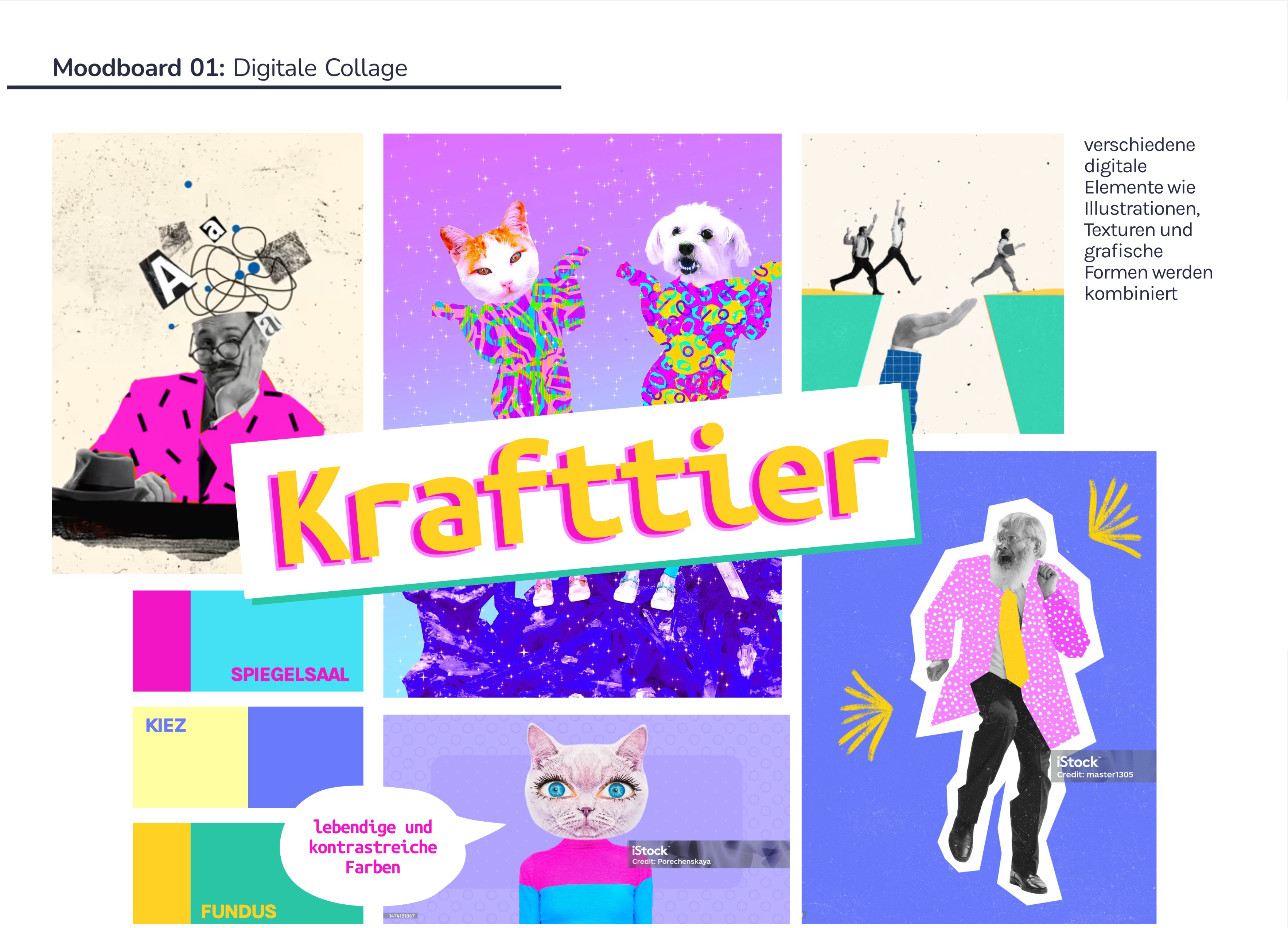 Stil:verschiedene digitale Elemente wie Illustrationen, Texturen und grafische Formen werden kombiniert