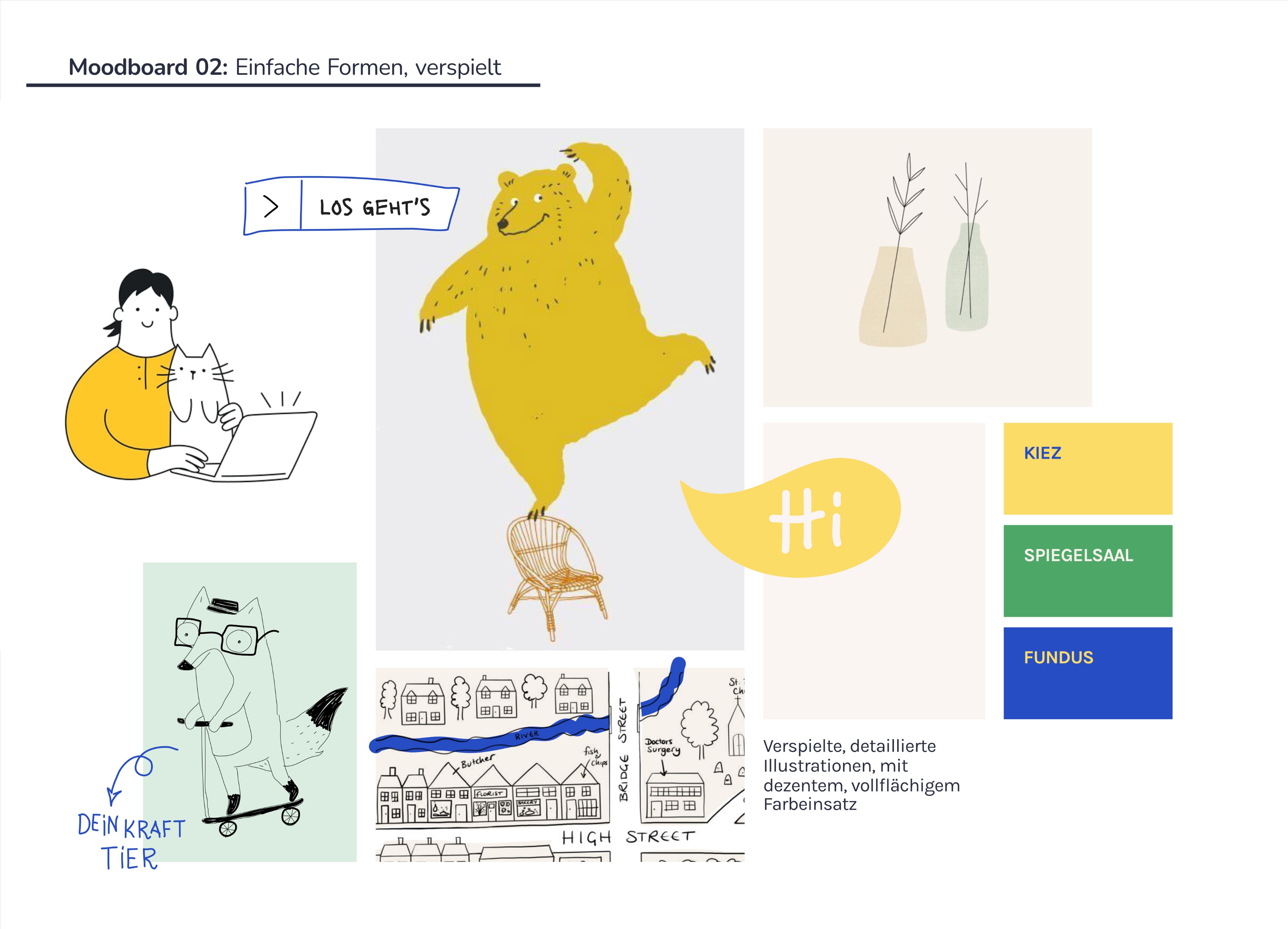 Verspielte, detaillierte Illustrationen mit dezentem, vollflächigem Farbeinsatz