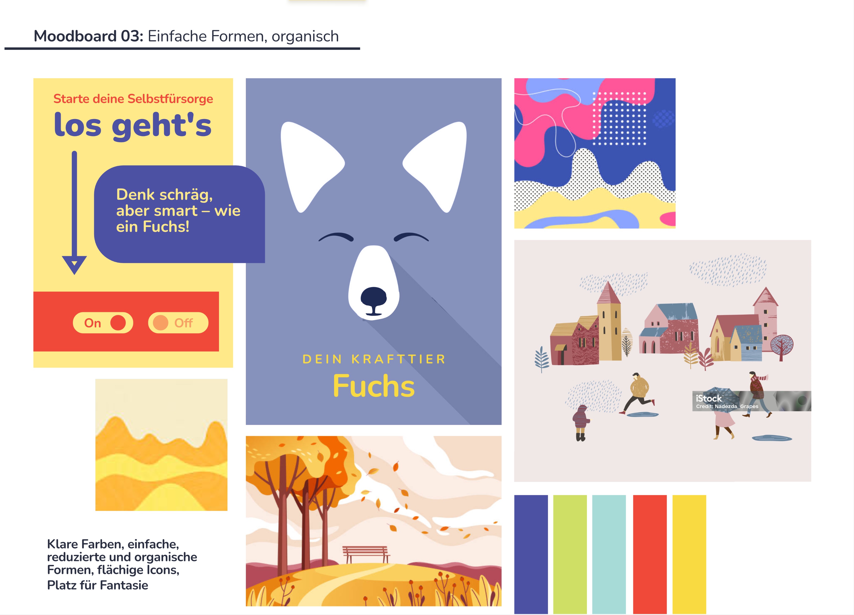 Klare Farben, einfache, reduzierte und organische Formen, flächige Icons, Platz für Fantasie