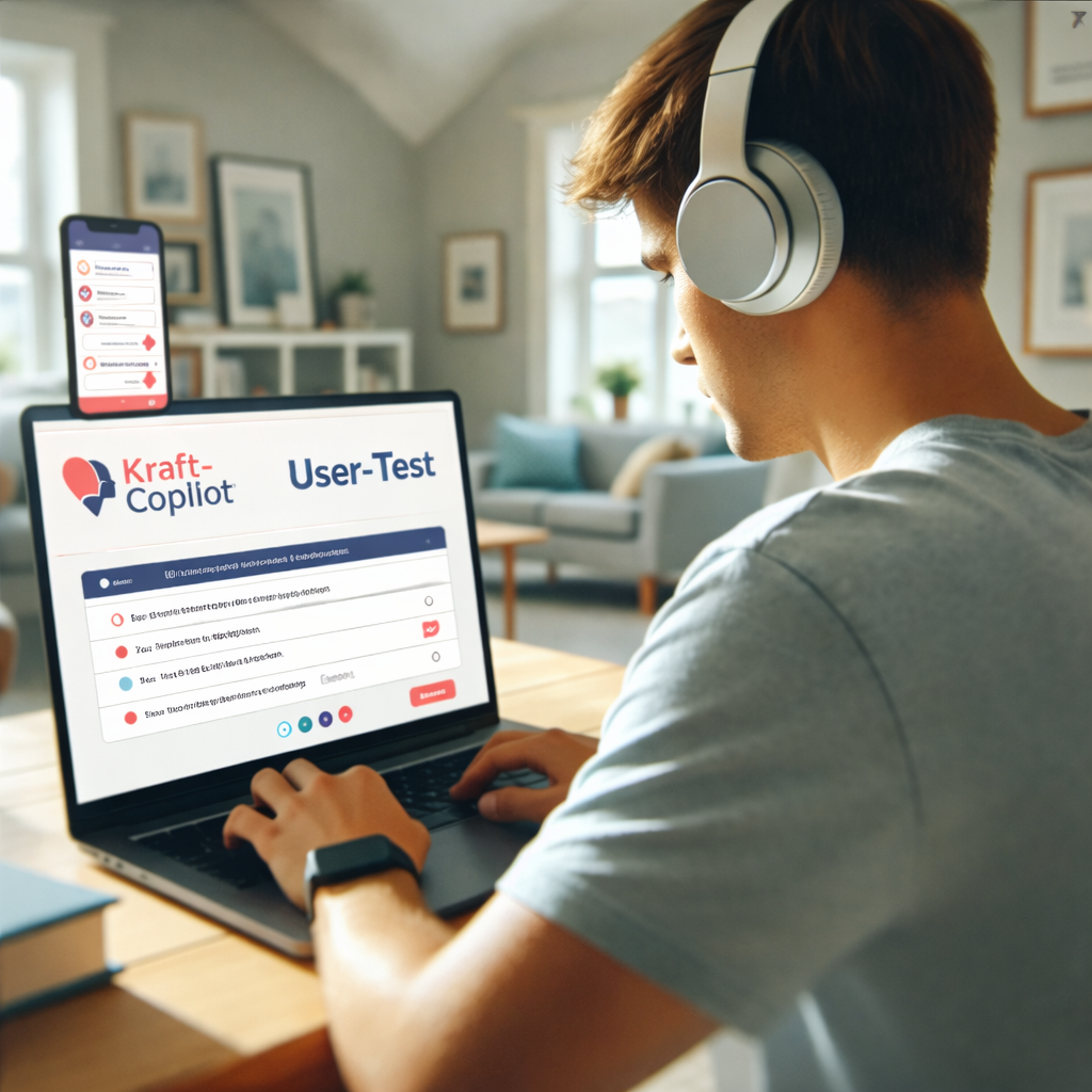 Junger Mann sitzt in einem hellem Wohnzimmer mit Kopfhörern an seinem Rechner. Der Blick ist über die Schulter auf seinen Bildschirm. Auf dem Bildschrim ist er in der Plattform Kraft-Copilot und macht einen User Test der verschiedenen Screenkonzepte.