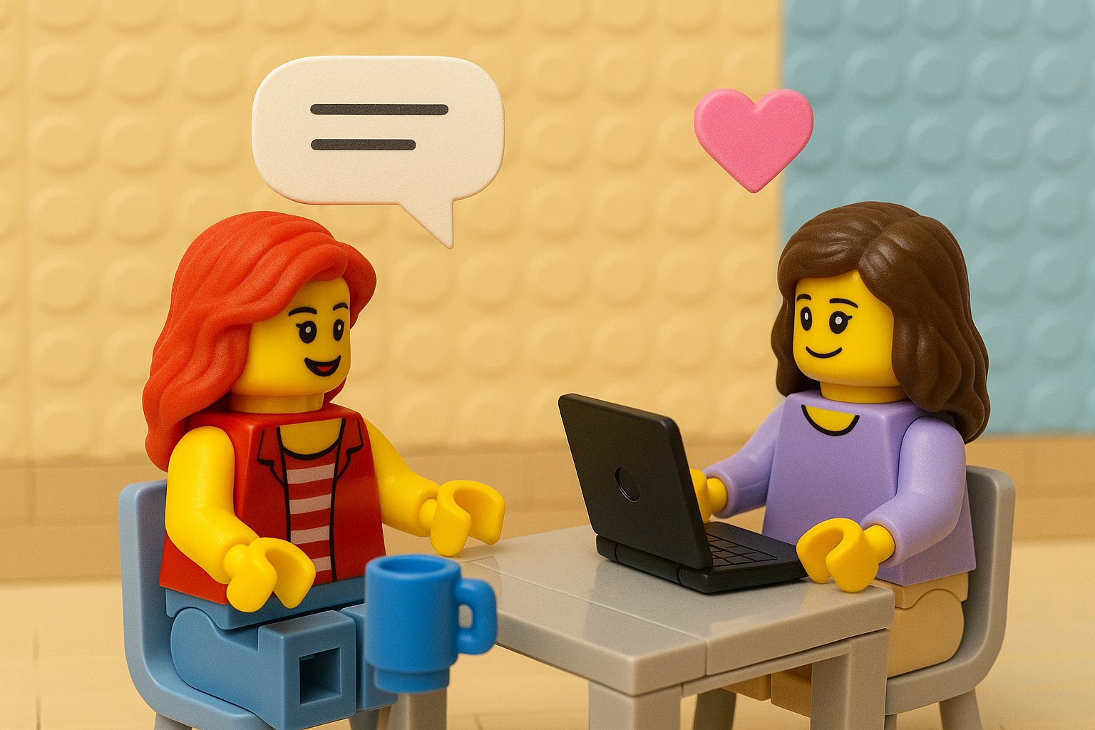 Zwei Menschen sitzen an einem Tisch in einem Gespräch mit einem Laptop. Die Gestaltung ist in Legofiguren.