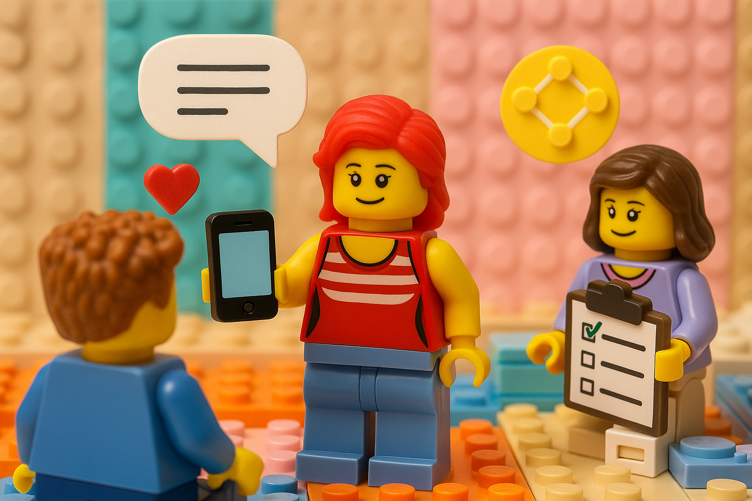 Eine Lego-Figur (wie deine rothaarige Figur) steht: in der Mitte der Szene hält ein Smartphone (kann einfach ein flaches Lego-Teil sein) umgeben von 1–2 anderen Lego-Figuren, die sie freundlich ansehen → symbolisch für Peer-Matching oder Sorgenetz im Hintergrund leichte Lego-Strukturen → symbolisiert „Alltag“ oder „Umgebung“ 🎨 Symbolische Requisiten kleines Herz-Element (z. B. aus Lego oder improvisiert) Chat-Bubble aus Papier + Lego-Klebestreifen Notiz-/Plan-Symbol (eine Lego-Fliese mit Aufkleber oder Marker) 💬 Bildaussage „Du bist nicht allein. Austausch, Selbstfürsorge, Unterstützung – direkt über die App.“