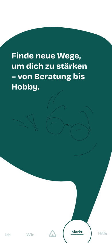 Grafik Bereich-Angebote, Tannengrüne Blase mit Text, die auf den Marktbereich verweist.